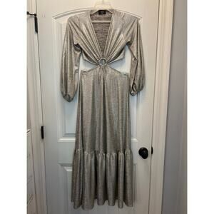 Vici Women’s Long Sleeve‎ Boho Tiered Metallic Cut Out Maxi Dress Size S Silver